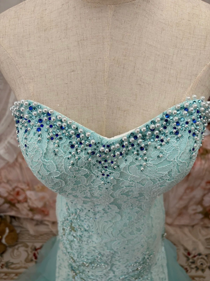 Beauty Strapless Tulle Lace Beaded Long Prom Dress Blue Mermaid Long Birthday Party Dress SP3836