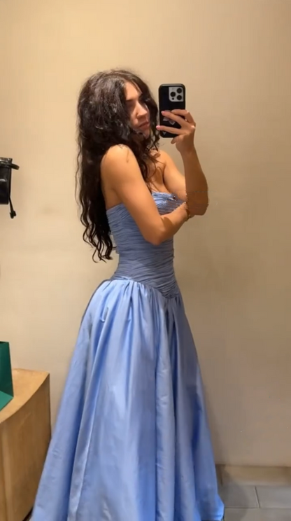 Elegant Blue Strapless Satin Pleated A Line Long Party Dress Birthday Dress SP2528