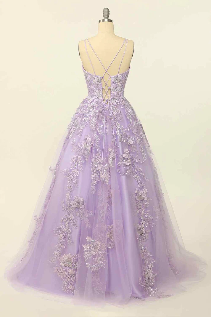 Lilac A-line V Neck Tulle Applique Lace-Up Back Long Prom Dress,Y2464