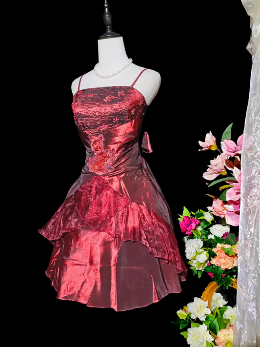 Elegant Burgundy Satin Tulle Beaded A Line Short 15th Birthday Outfits,Formal Graduation Homecoming Dress SP2709