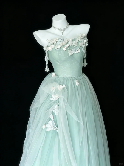 Elegant Strapless Mint Green Tulle Party Dress White Appliques A-Line Long Prom Dress SP2727