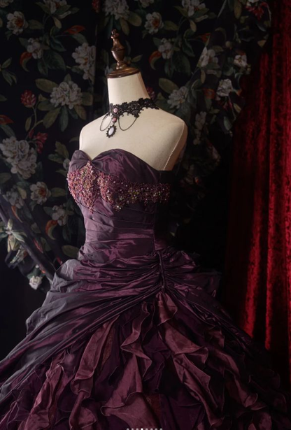 Vintage Sweetheart Neck Tulle Satin Pleated Ball Gown Purple Formal Birthday Quinceanera Dress SP1361
