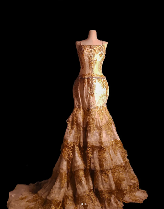 Vintage Spaghetti Straps Lace Beaded Layered Mermaid Evening Dress Prom Dress SP646