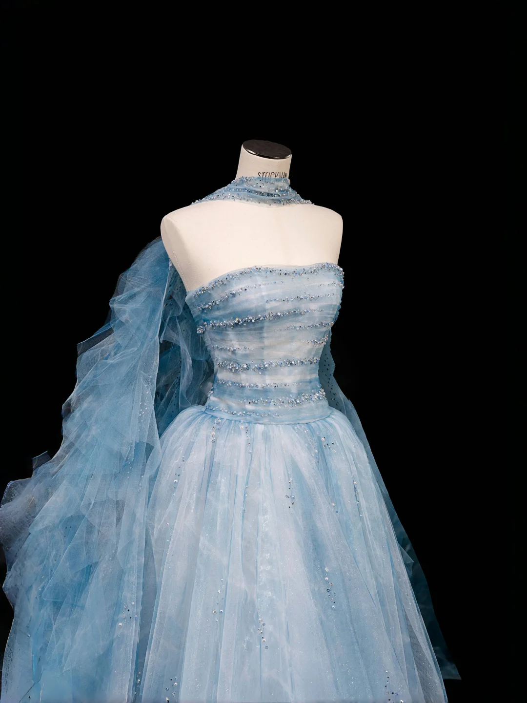 Dream Blue Tulle Beaded A Line Prom Dress,Long Evening Dress Y8691