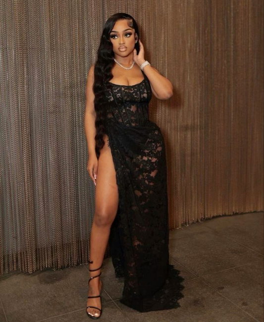 Sexy Black Lace See-through Long Evening Dress Y4235