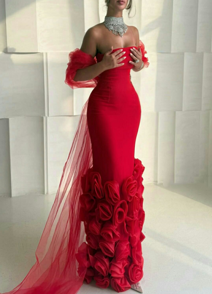 Charming Red Strapless Satin 3D Floral Sheath Long Birthday Party Dress Prom Dresses SP4005