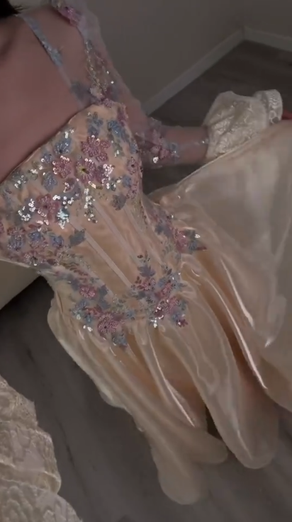 Charming Tulle Sequin Floral A Line Long Party Dress Light Champagne Birthday Dress Prom Gown SP2271