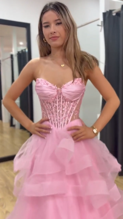 Pretty Sweetheart Tulle Layered Beaded Long Wedding Guest Dress,Pink Party Dress SP2678