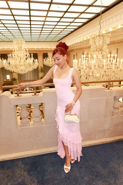 Classy Pink Lace Slit Ruffle Long Prom Dress Party Gown SP3730