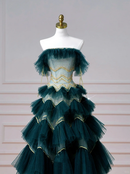 Vintage Dark Green Tulle Sequins Layered A Line Prom Dress,Strapless Evening Dress Y8606