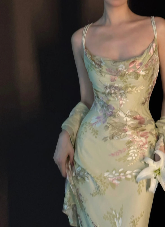 Chic Spaghetti Straps Chiffon Printed Floral Mermaid Prom Gown Birthday Party Dress SP493