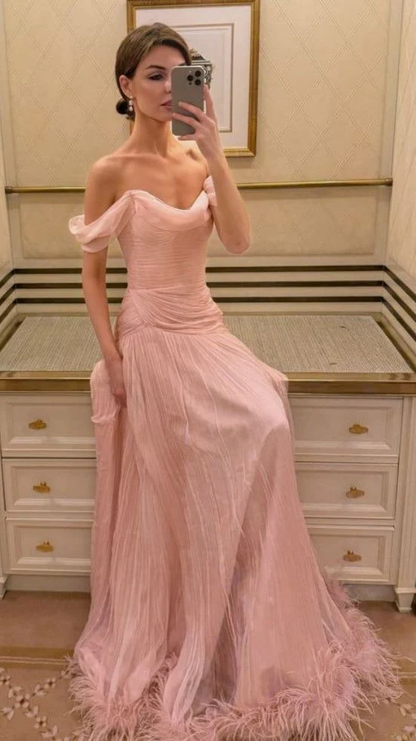 Elegant Off The Shoulder Tulle Pleated Feathers Hem Prom Gown Pink Long Party Dress SP4115