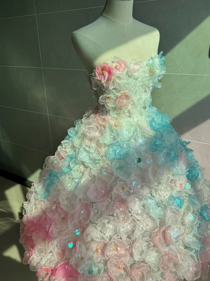 Charming Sweetheart Neck Colorful Tulle 3D Floral Ankle Length Party Dress Prom Dress SP4220