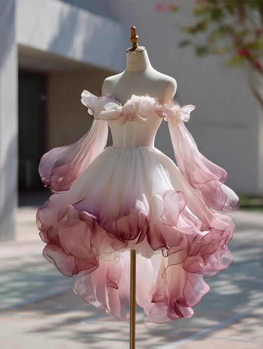 Elegant Ombre Organza Off Shoulder High Low Mini Birthday Outfit Homecoming Dress SP2760