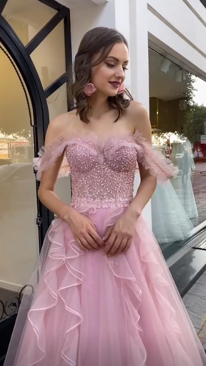 Elegant Off The Shoulder Tulle Ruffles Beaded Pink Long Party Dress Prom Gowns SP4275