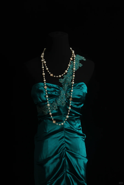 Vintage Green One Shoulder Satin Pleated Beaded Mermaid Long Evening Dress Formal Prom Gowns SP2089