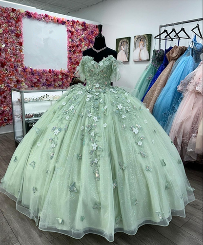 Sage Green Quinceanera Dresses With 3D Flowers Sweet 15 Birthday Ball Gown Y2614