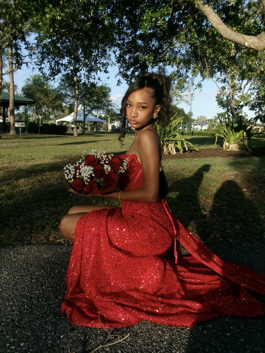 Shiny Strapless Red Sequin Mermaid Slit Party Dress Long Wedding Guest Dress SP2960
