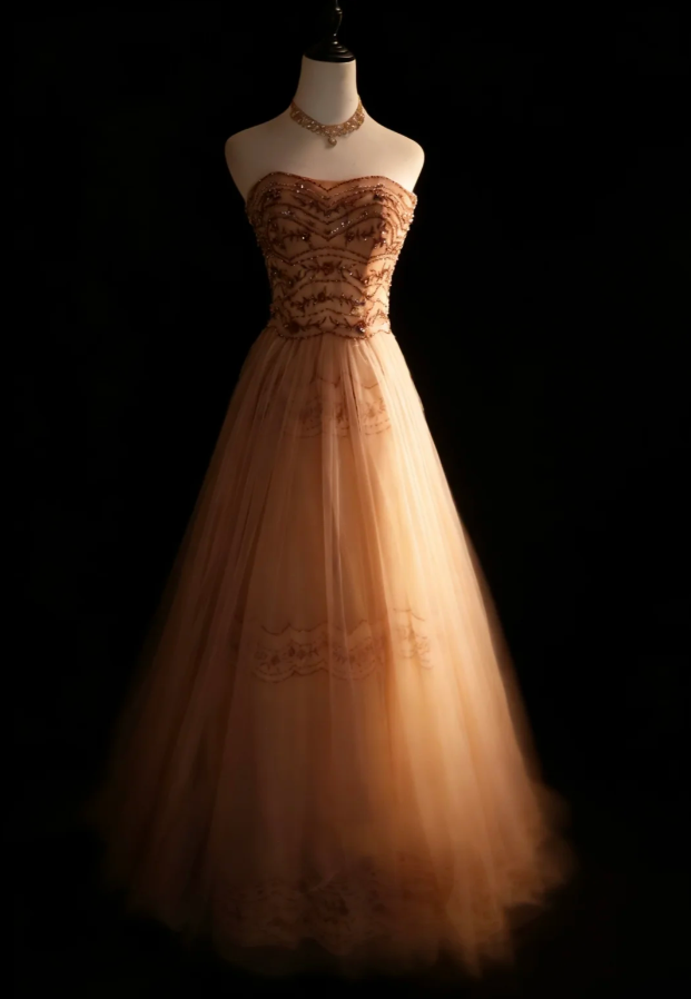 Charming Strapless Tulle Beaded Long Birthday Prom Dress Evening Dress SP1841