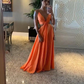 Orange Deep V-neck Sexy A-line Long Prom Dresses Y5296