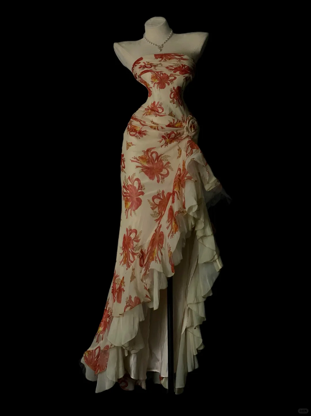Pretty Strapless Chiffon Print Floral Ruffles Slit Mermaid Long Party Dress Evening Dresses SP4073