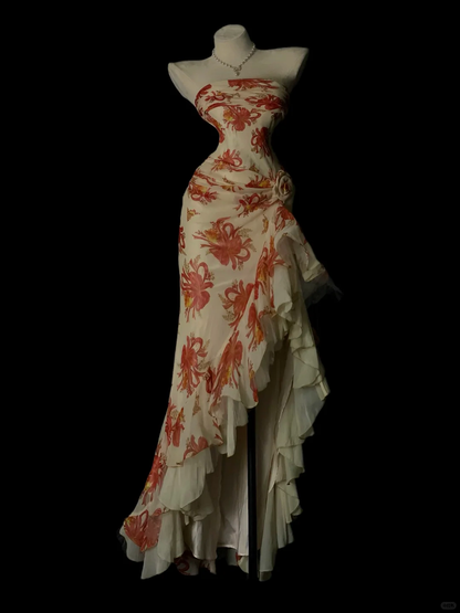 Pretty Strapless Chiffon Print Floral Ruffles Slit Mermaid Long Party Dress Evening Dresses SP4073