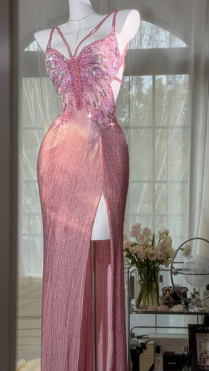 Elegant Spaghetti Straps Pink Butterfly Sequin Beaded Chiffon Slit Mermaid Long Prom Dress Backless Evening Gown SP2182