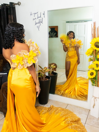 Gorgeous Yellow One Shoulder Satin Sequin 3D Floral Long Party Dress Evening Dress SP3176
