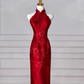 Gorgeous Red Satin Beaded Sheath Slit Prom Dress Formal Evening Dress Y8642