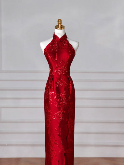 Gorgeous Red Satin Beaded Sheath Slit Prom Dress Formal Evening Dress Y8642
