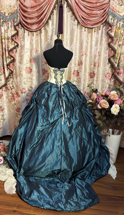 Retro Sweetheart Teal Satin Tulle Pleated Quinceanera Dress Birthday Ball Gown SP481