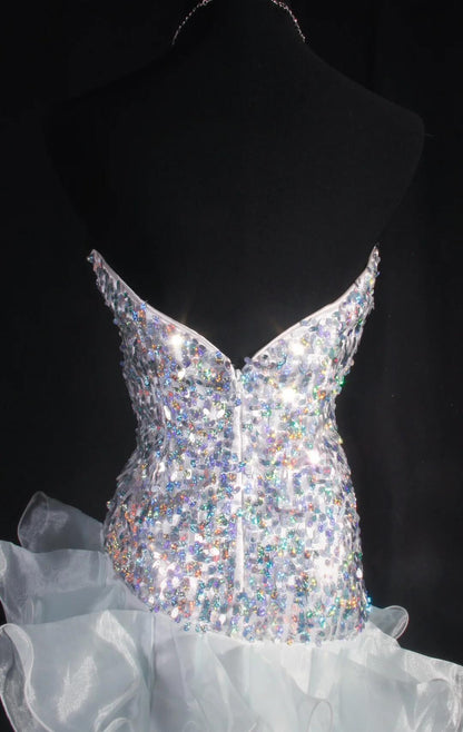 Glitter White Satin Tulle Ruffle Sequin Beaded Mini Birthday Outfits,Sweetheart Neck Sheath Short Cocktail Dress SP2835