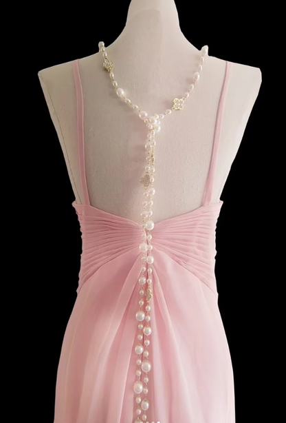 Sweet Pink Halter Chiffon Mermaid Party Dress Long Wedding Guest Dress SP420