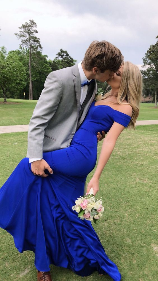 Charming Mermaid Off the Shoulder Royal Blue Satin Prom Dresses,Evening Party Dresses  Y5766