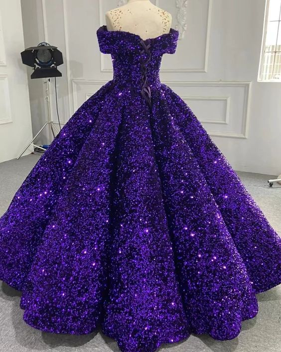 Sparkly Purple Off The Shoulder Sequins Ball Gown,Purple Sweet 16 Dress Y6583