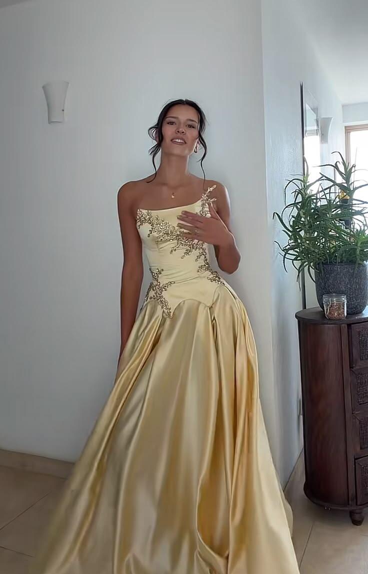 Elegant Yellow Satin Beaded A Line Long Party Dress Prom Gown SP4161