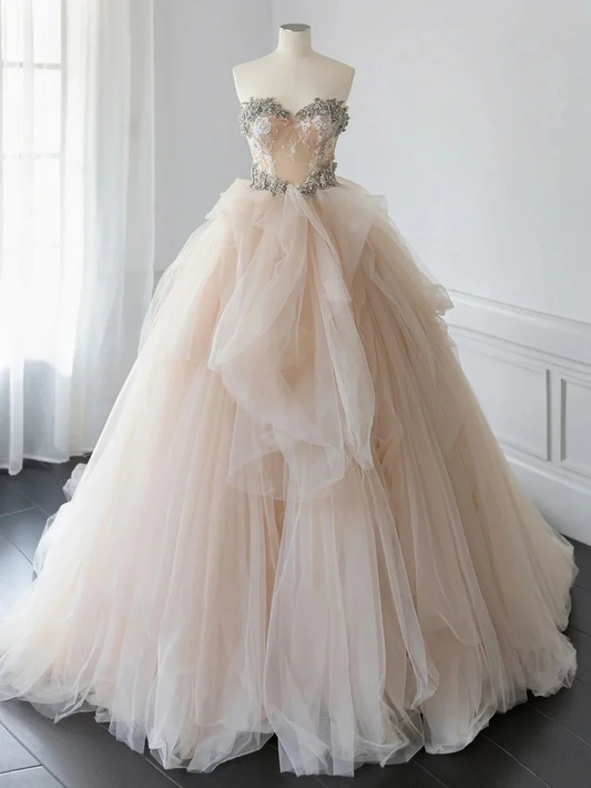 Beautiful Champagne Tulle Beaded Ball Gown Sweet Wedding Dress Y7744