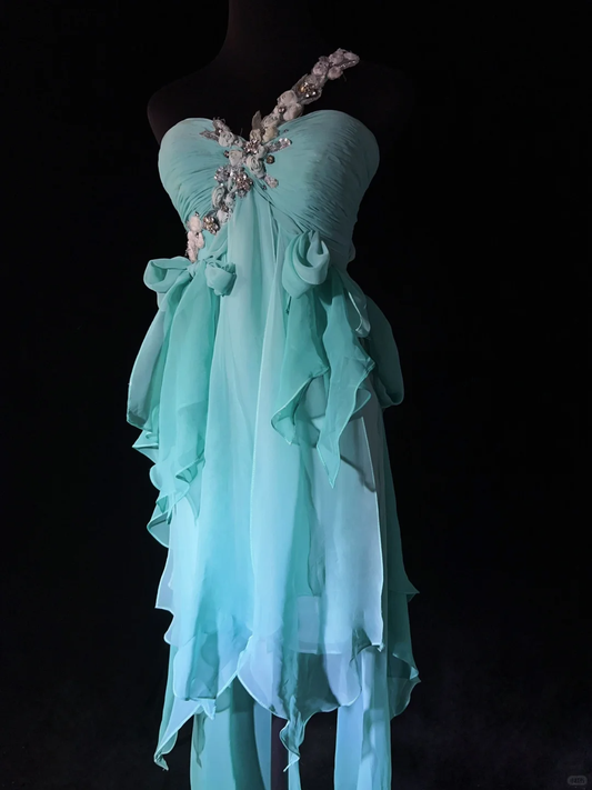 Elegant One Shoulder Light Lake Blue Chiffon Sequin Floral Short Homecoming Dress,Formal 15th Birthday Outfits SP2895