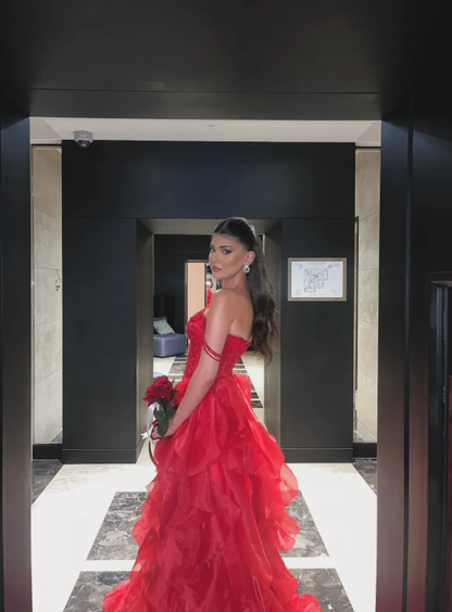 Charming Red Off The Shoulder Tulle Ruffles Long Party Dress Prom Gown With Beaded SP497