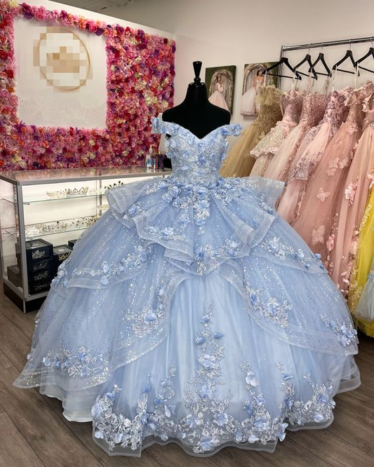 Gorgeous Blue Off The Shoulder Tulle Appliques Ball Gown Birthday Quinceanera Dress Y7835