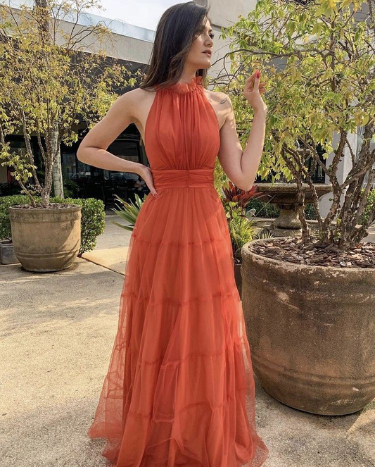 Elegant A-line Orange Sleeveless Tulle Prom Dress,Orange Evening Dress Y5327