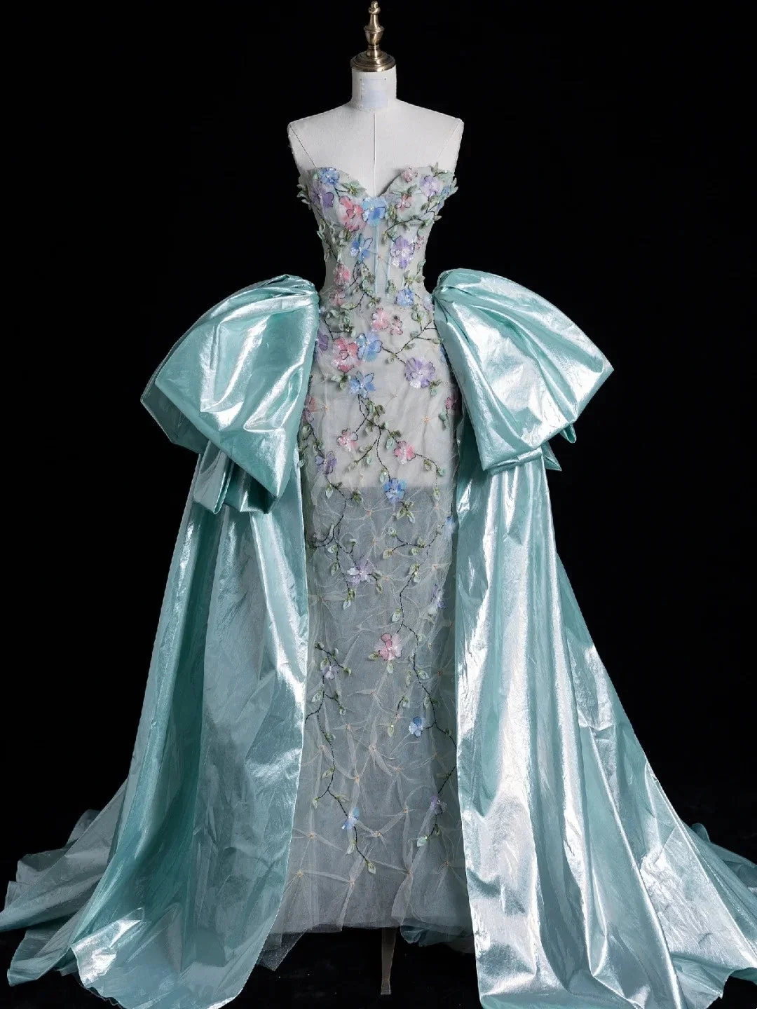 Charming Strapless Tulle Floral Mermaid Long Party Dress Mint Green Long Evening Dresses SP4102