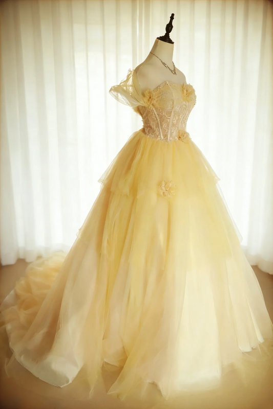 Fairy Off The Shoulder Yellow Tulle Lace Appliques Long Birthday Party Dress Prom Gowns SP2034