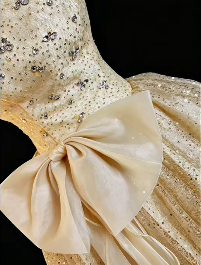Glitter Champagne Gold Strapless Tulle Sequin Short Homecoming Dress Birthday Outfits With Bow SP2765