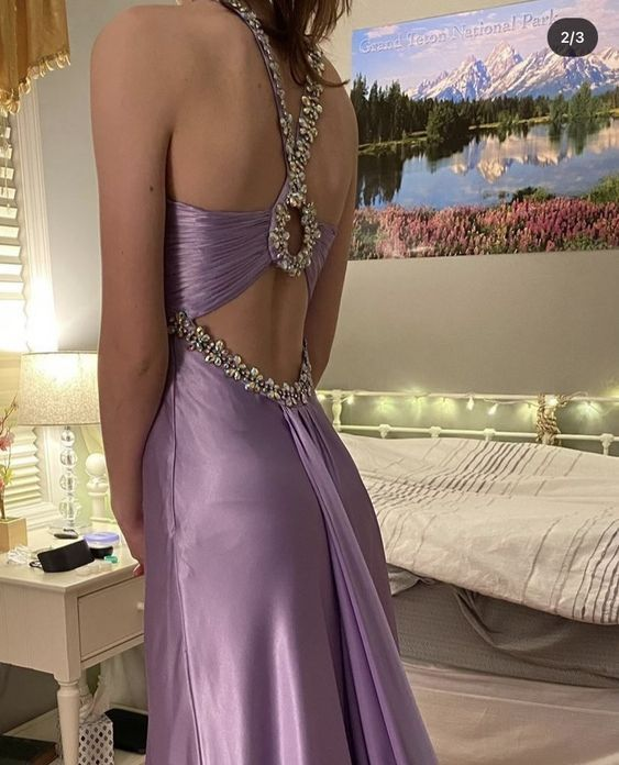 Glamorous purple satin beaded long prom evening dresses Y5084