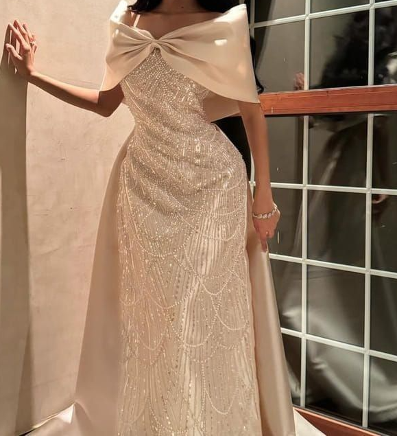 Elegant Ivory Bow Off The Shoulder Satin Sequin Beaded Long Evening Dress Prom Gown SP731