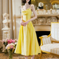 Sweet Spaghetti Straps Yellow Satin A Line Long Party Dress Prom Gowns SP2015