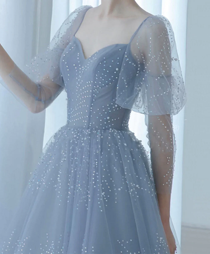 V Neck Tulle Sequin Blue Long Prom Dress, Blue Formal Graduation Dress Y4453