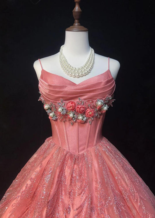 Pretty Pink Spaghetti Straps Satin Tulle Floral A Line Short Prom Dress,Formal Mini Graduation Homecoming Dress SP2919