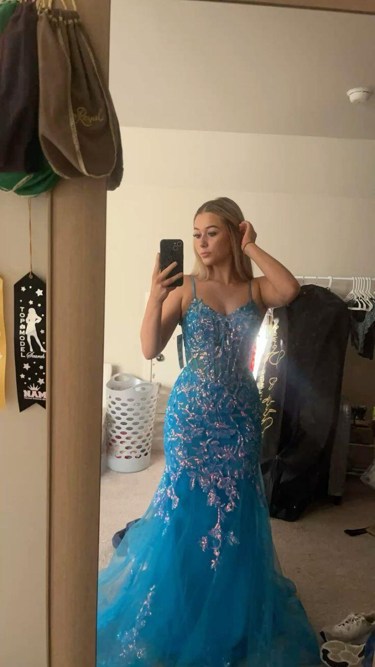Sparkly Spaghetti Straps Tulle Sequin Mermaid Long Party Dress Birthday Prom Dress SP4013